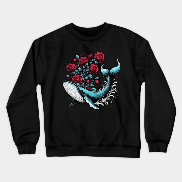 Whale Red Roses Crewneck Sweatshirt by DarkWave